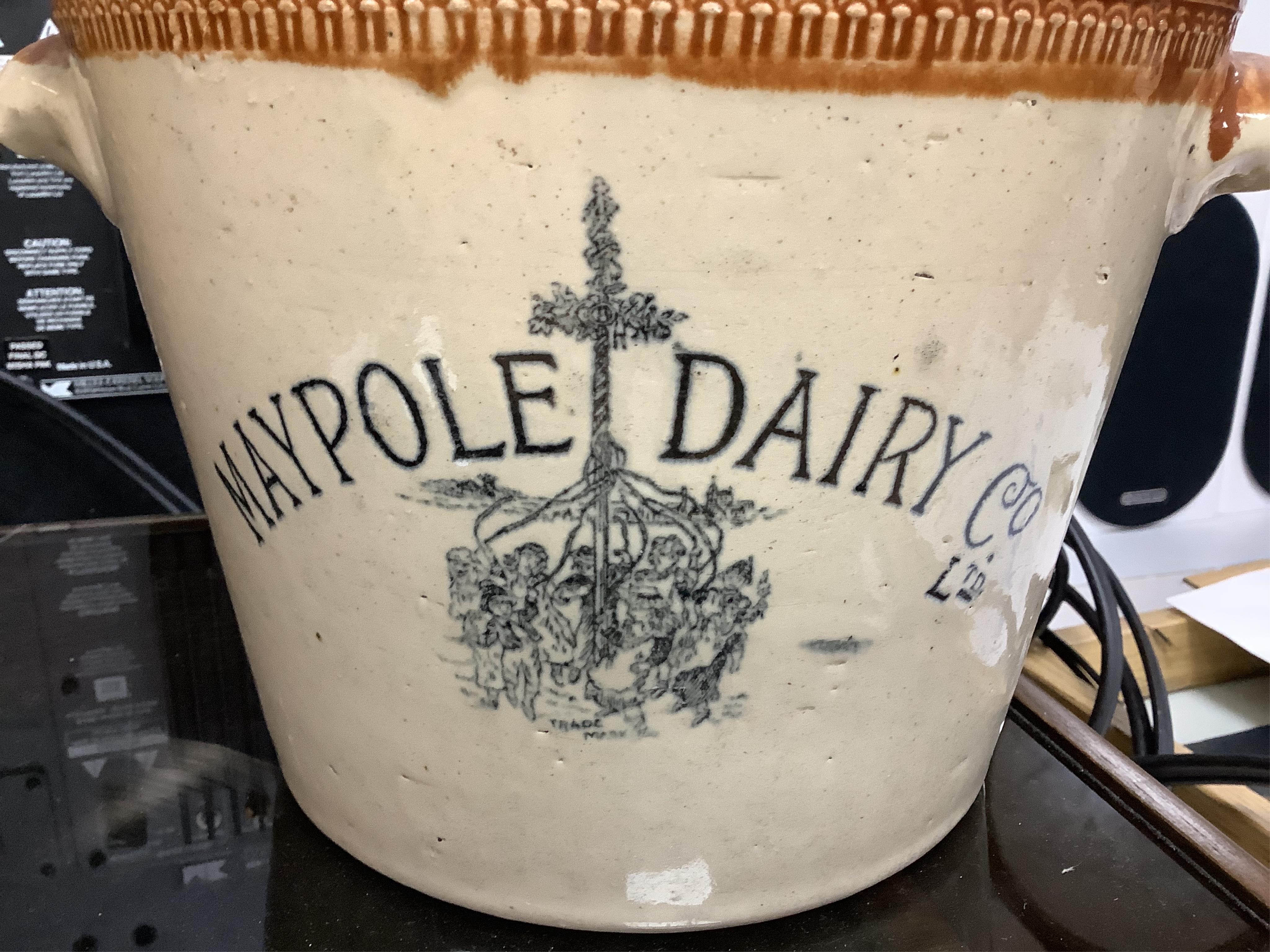 A glazed pottery dairy bowl and Maypole Dairy Co. Ltd. cream advertising cream pail, 21cm high (2)